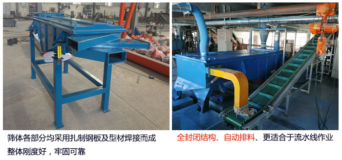 直線篩分機篩體各部分均采用扎制鋼板及型材焊接而成整體剛度好，牢固可靠；全封閉結(jié)構(gòu)、自動排料、更適合于流水線作業(yè)。