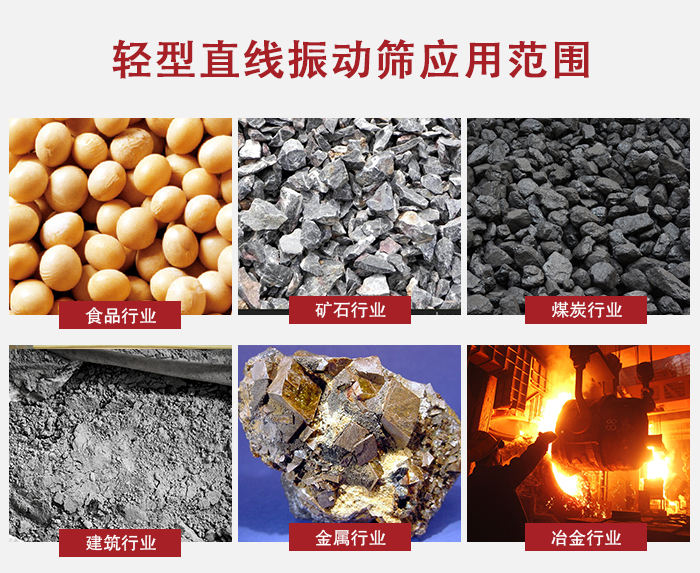 輕型直線振動篩應用范圍較廣多使用與顆粒狀，粉狀以及其它重型行業(yè)的輸送。