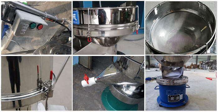 過濾篩細(xì)節(jié)展示：控制開關(guān)，篩框，出料口閥門，底座等